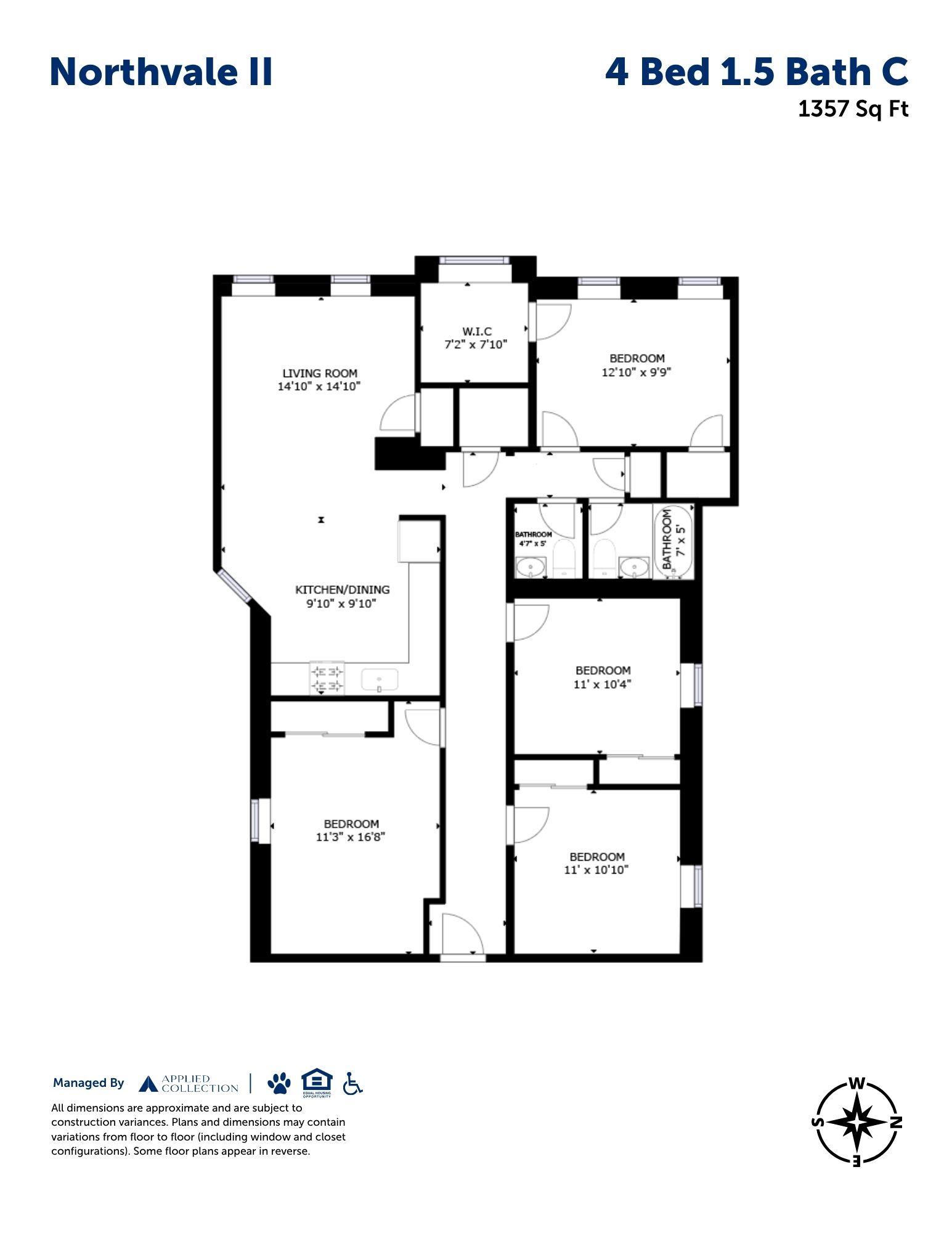 Floor plan for 4 beds, 1.5 baths, 1357 sqft